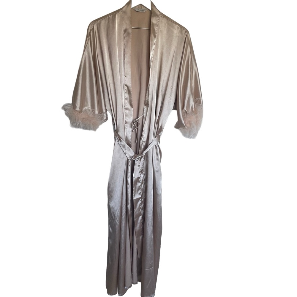Satin Kimono Robe Long Bath Robe with Ostrich Feather Trim Robe - Picture 8 of 15